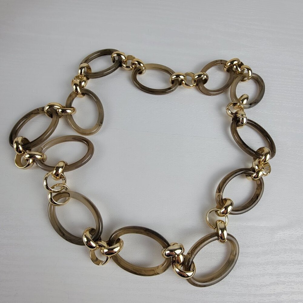 Gold Tone Gray Tortoise Link Statement Necklace 29" Endless No Clasp - Picture 2 of 8